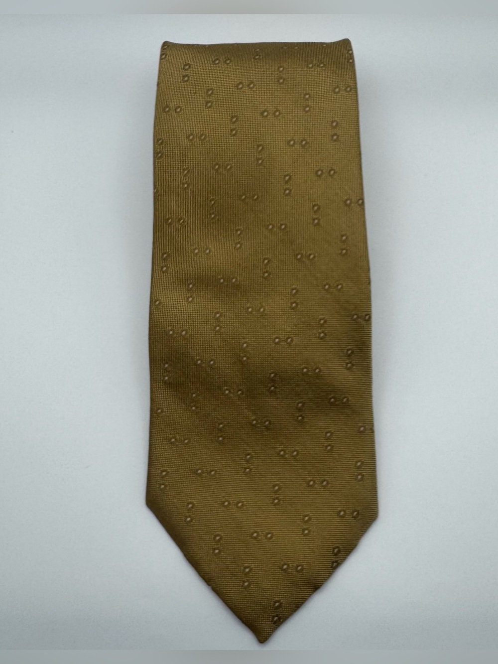 Donna Karan New York 100% Silk Necktie Gold Olive Geometric Dot Classic Tie